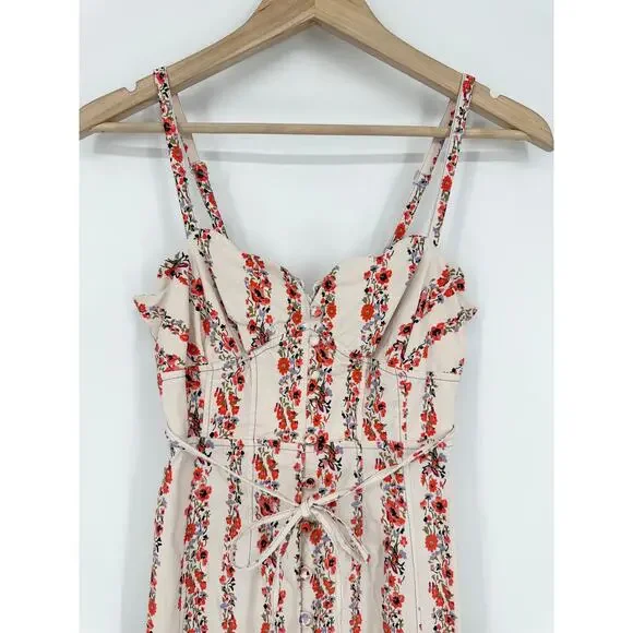 Anthropologie Slim Scalloped Corset Dress Floral Striped Belted Button Slit Midi - Picture 7 of 14